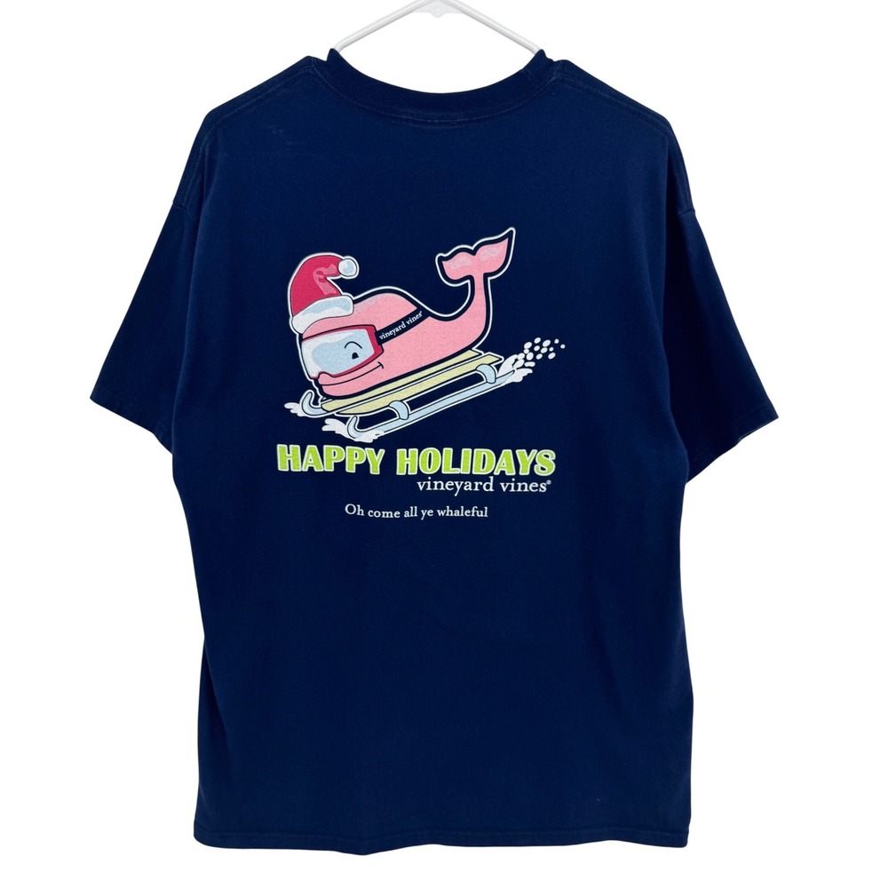 Vineyard Vines Mens Navy‎ Blue Happy Holidays Sledding Whale Graphic T-Shirt L